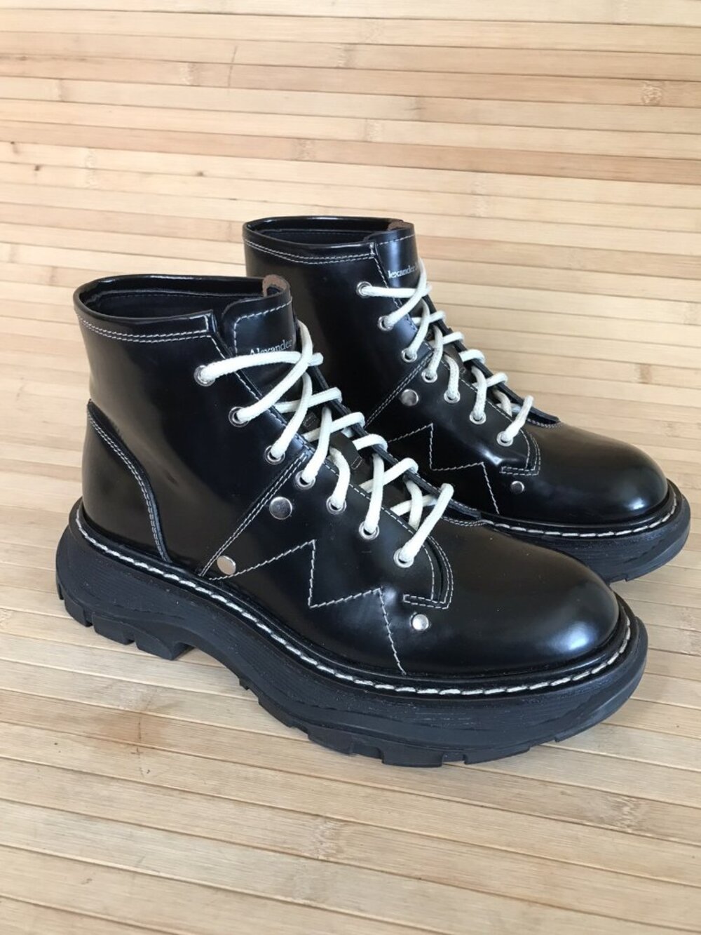 Alexander McQueen Womens Lace Up Tread Leather Combat Boots Blue sz 36.5